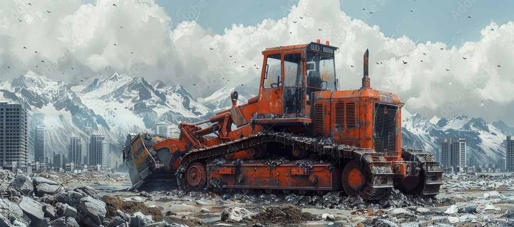 Amidst the tranquil snowy mountains, a powerful bulldozer stands tall, ready to transport materials and shape the land with its robust construction equipment, against the backdrop of a vast sky Amidst the tranquil snowy mountains, a powerful bulldozer stands tall, ready to transport materials and shape the land with its robust construction equipment, against the backdrop of a vast sky