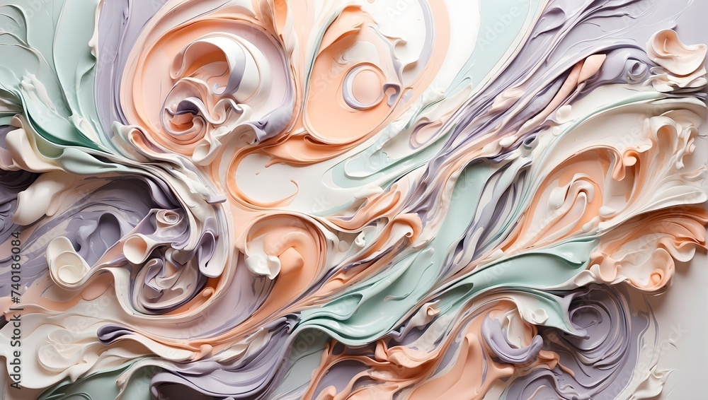 Artistic paint swirls and splashes in pastel shades of lavender, mint, and peach, blending harmoniously on a pure white surface, exuding a soft and dreamy aesthetic. generative AI Artistic paint swirls and splashes in pastel shades of lavender, mint, and peach, blending harmoniously on a pure white surface, exuding a soft and dreamy aesthetic. generative AI