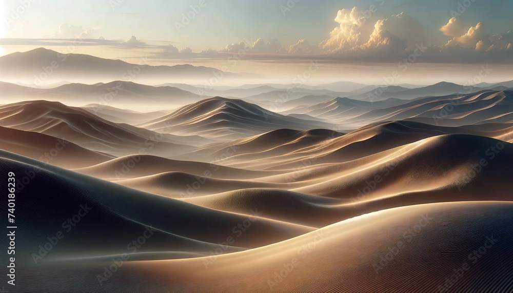 Breathtaking landscape of desert sand dunes at sunrise, with soft light casting long shadows and highlighting the textures and contours of the serene dunes.Landscape concept.AI generated.