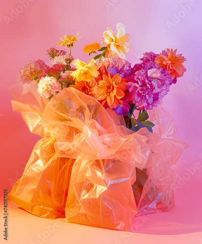 Spring concept of freshly picked fragrant field flowers in a bag, a minimal romantic gift for a woman, gentle colors.