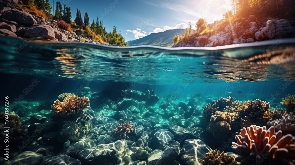 A vibrant coral reef teeming with marine life under the clear blue waters of the ocean