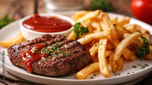 Close-up of Delicious Beefsteak and French Fries on a plate. generative AI image