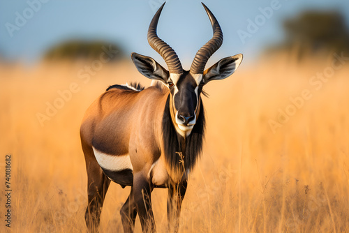 Majestic Portrait of Gnu Antelope in its Natural Savannah Habitat Against the Backdrop of Azure Skies