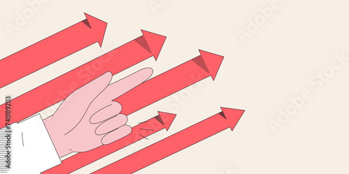 Hand point direction with finger. Arrows growth or rising up to destination. Concept of progress, future investment, business leadership and different ways and strategies. Financial and economic grow