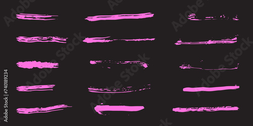 Spray paint long lines, ink horizontal splatters brush with grunge effect. Brush line collection set. Marker highlight stroke, brush pen hand drawn underline isolated on transparent background.