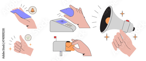 Different scenes with hands making payment, using smartphone or mobile, holding loudspeaker and receiving mail from mailbox. Thumb up sign. Arm collection for business banner, ads, website and apps.