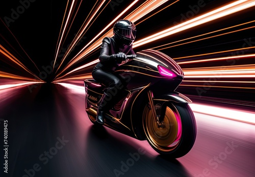Against the backdrop of a nighttime cityscape, a racing motorcycle blazes down the speedway, amidst the glow of neon lights.