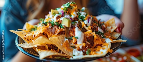 A female youth holds a plate of savory meaty nachos topped with various toppings. photo