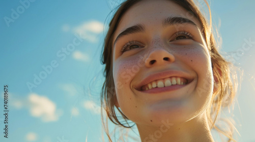 Close-up woman smile on blue sky background