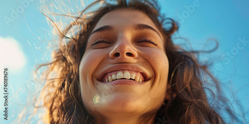 Close-up woman smile on blue sky background © Alexander