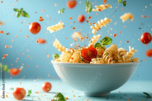 Bowl with a dish of pasta and tomatoes levitating in the air on blue background © Тамара Печеная