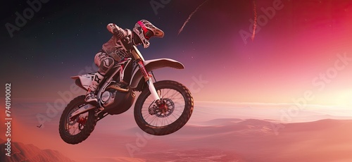 An extreme moto rider fearlessly conquers the rugged mountains, showcasing the thrill of adventure and conquest