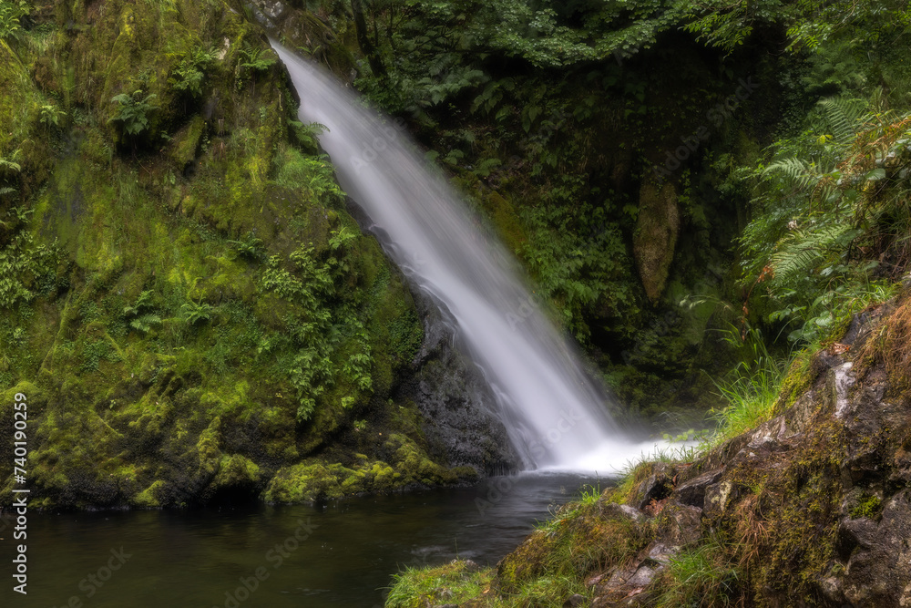 Fototapeta premium Beautiful serene waterfall cascading through lush green foliage. Ceunant Mawr Waterfall, also known as Llanberis Falls in North Wales 