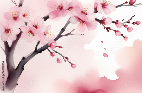 holiday card background with spring pink cherry blossom, sakura flowers branch and empty space for text