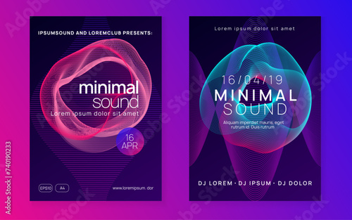 Dance flyer. Dynamic gradient shape and line. Bright concert brochure set. Neon dance flyer. Electro trance music. Techno dj party. Electronic sound event. Club fest poster.