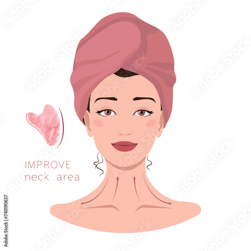 Facial massage lines direction scheme. How to do gua sha massage infographic. Portrait of young woman in towel on head with gua sha scraper for presentation, make-up, beauty, web, blog, social media.