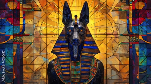 Stained glass window background with colorful Anubis abstract.