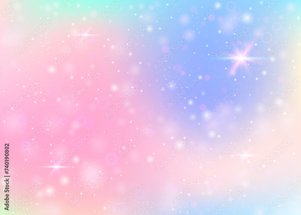 Magic background with rainbow mesh. Colorful universe banner in princess colors. Fantasy gradient backdrop with hologram. Holographic magic background with fairy sparkles, stars and blurs. Magic background with rainbow mesh. Colorful universe banner in princess colors. Fantasy gradient backdrop with hologram. Holographic magic background with fairy sparkles, stars and blurs.