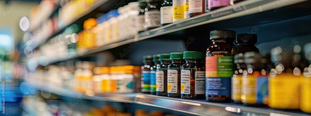 A drug store with medicine bottles lined up beautifully on the shelves. on a blurred background Concept of selling medicines, medical supplies, dietary supplements, medical equipment A drug store with medicine bottles lined up beautifully on the shelves. on a blurred background Concept of selling medicines, medical supplies, dietary supplements, medical equipment