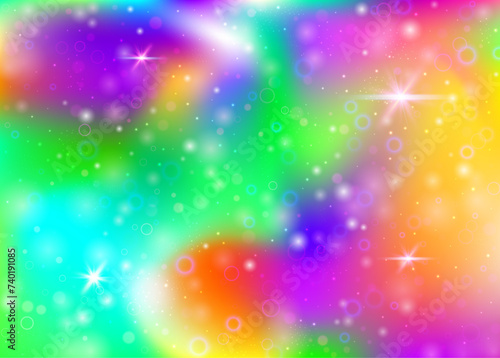 Unicorn background with rainbow mesh. Liquid universe banner in princess colors. Fantasy gradient backdrop with hologram. Holographic unicorn background with magic sparkles, stars and blurs.