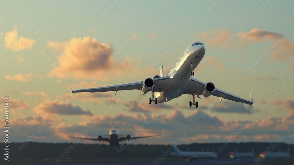 A commercial airplane takes off at sunset, with another plane visible in the background on the runway.
A commercial airplane takes off at sunset, with another plane visible in the background on the runway.