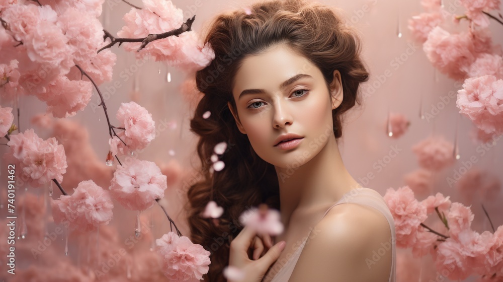 Woman Standing in Front of Tree With Pink Flowers Woman Standing in Front of Tree With Pink Flowers