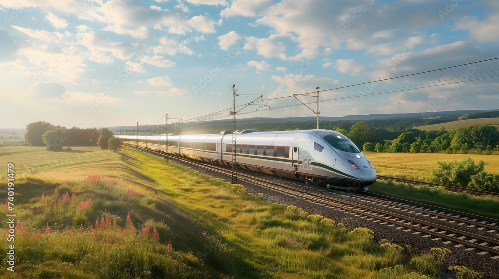 Fototapeta premium A high-speed train travels through a picturesque rural landscape under a bright, partly cloudy sky.