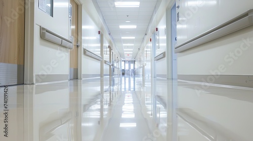 A white hospital hallway with an unfocused background in healthcare. It typically features clean  unfocused background. hospital banner