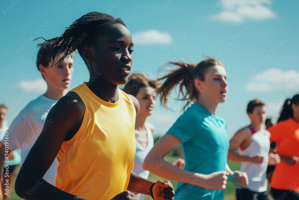 Happy teenagers running together. Group of joyful young athletes enjoying run. Diverse children competing in running race