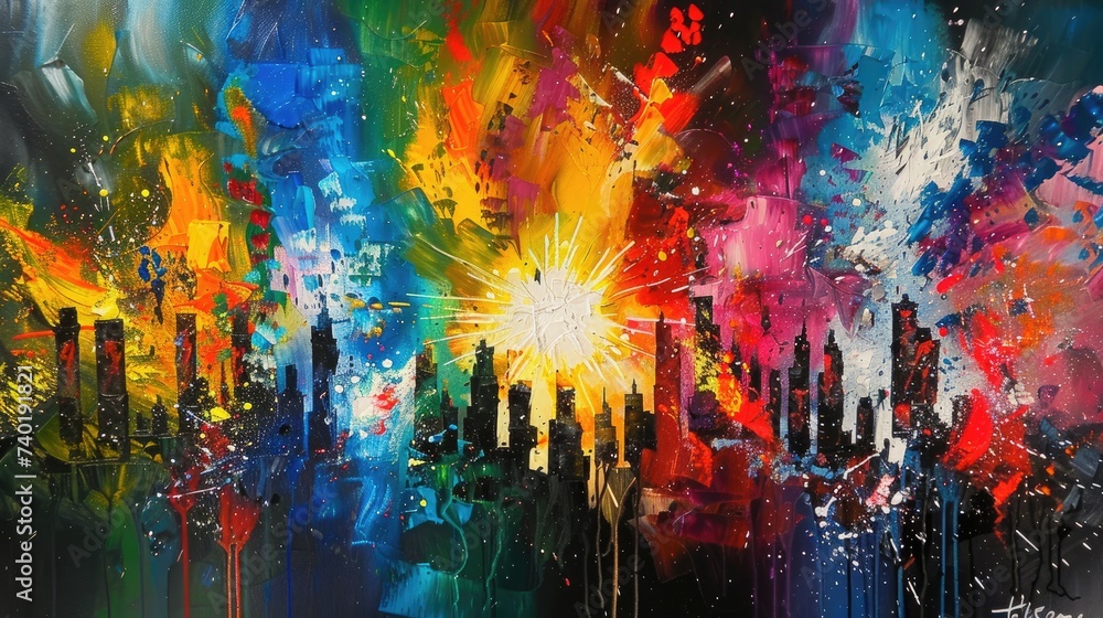 Abstract painting the city with a burst colorful. art wallpaper on canvas