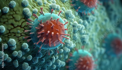 Red virus cell. Virus in blood. Cells. Bacteria. Virus. © Nikita Novitski