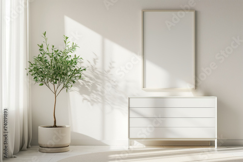 Modern Minimalist Living Room Corner. Sunlit interior corner with a potted plant, abstract wall art, and a sleek white cabinet.