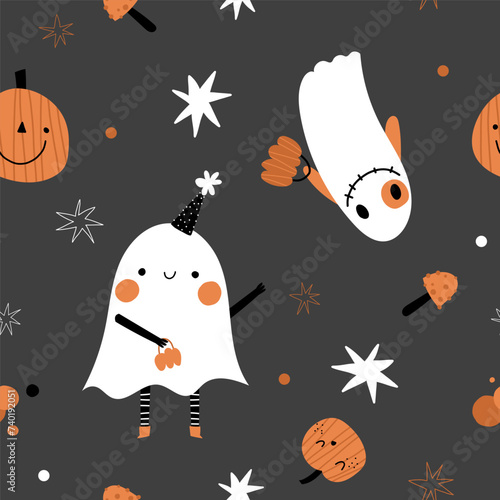 Halloween cute nursery seamless pattern for wrapping paper, fabric, wallpaper background, sketchbook cover design ghost, skull, bat, pumpkin cartoon character