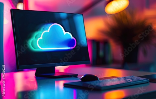 Modern computer monitor displaying cloud icon photo