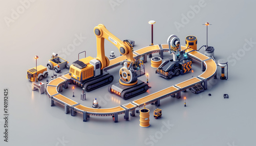 Isometric 3D Car Factory render, Automated Robot Arm Assembly Line Manufacturing Advanced High-Tech Green Energy Electric Vehicles. Construction, Building, Welding Industrial Production Conveyor