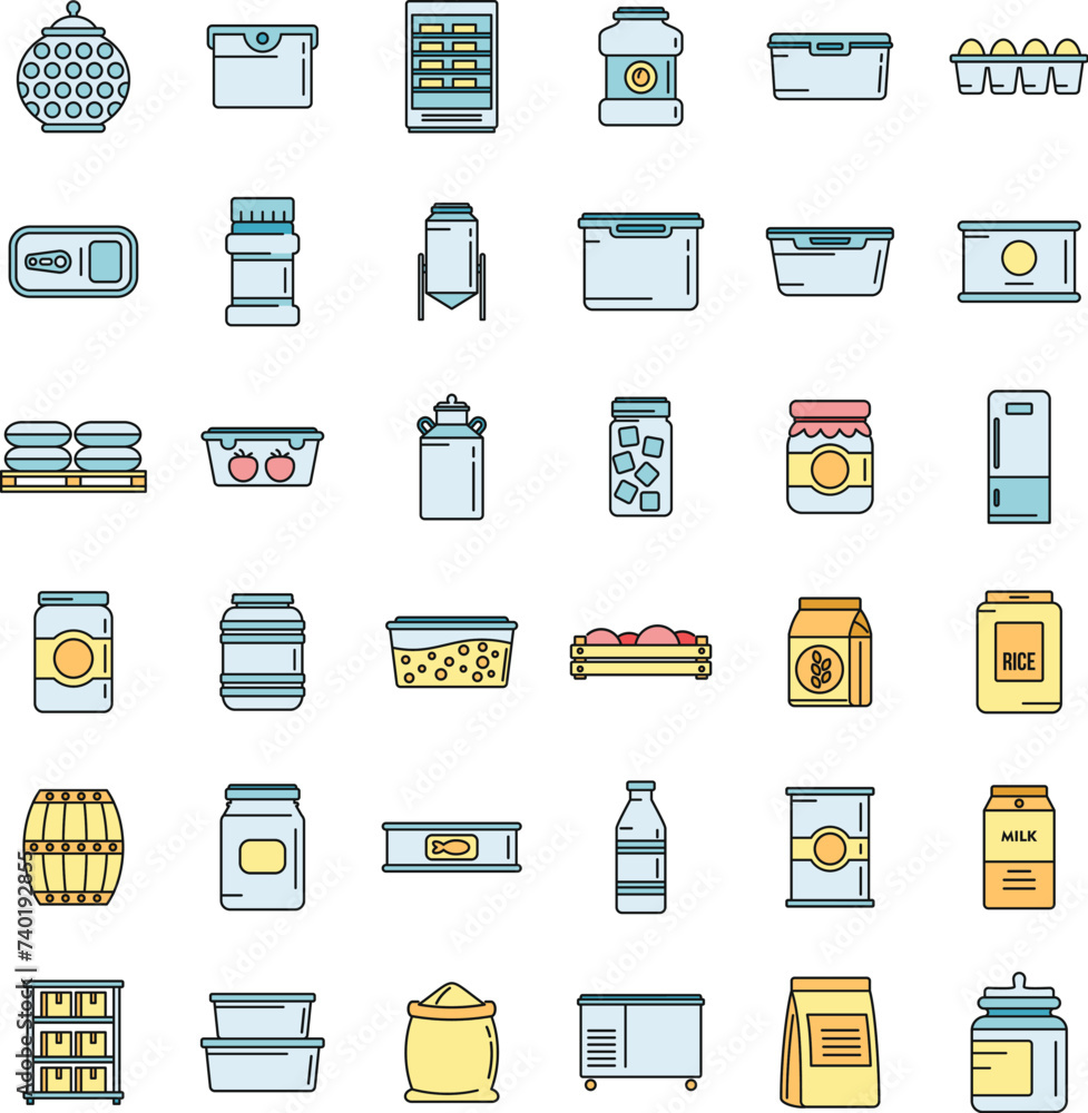 Home food storage icons set. Outline set of Home food storage vector icons thin line color flat on white Home food storage icons set. Outline set of Home food storage vector icons thin line color flat on white
