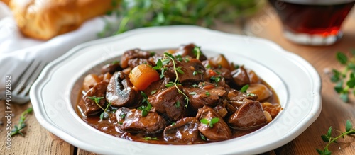 A white plate showcases a savory and hearty dish of beef bourguignon topped with red wine sauce and a medley of vegetables.