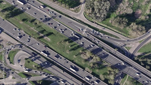 freeway highway traffic cityscape drone 4k photo
