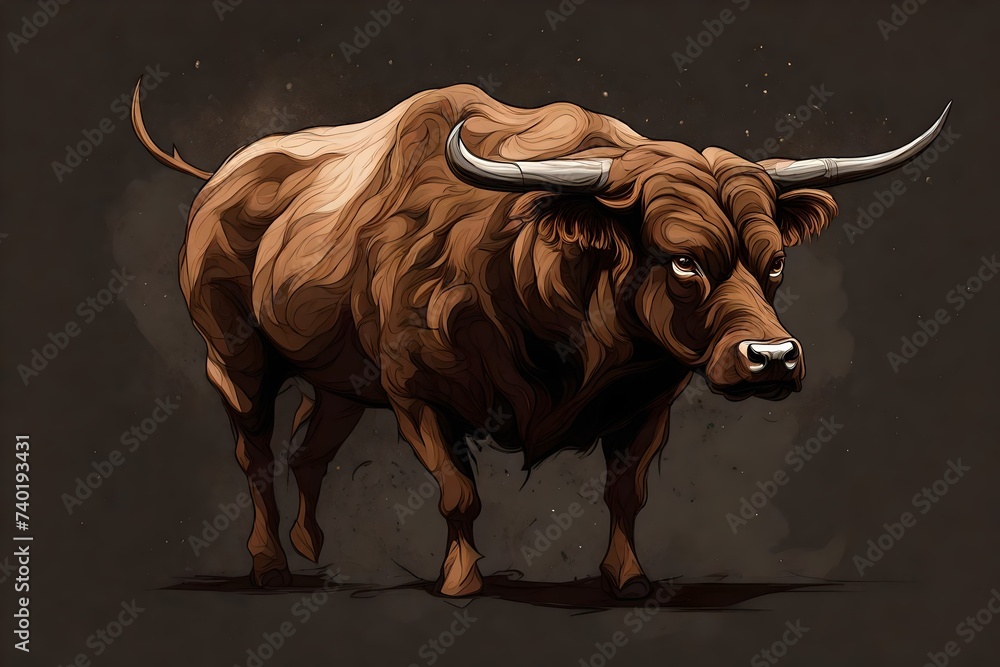 brown Raging bull. Generative AI illustration on Smokey black background - obrazy, fototapety, plakaty 