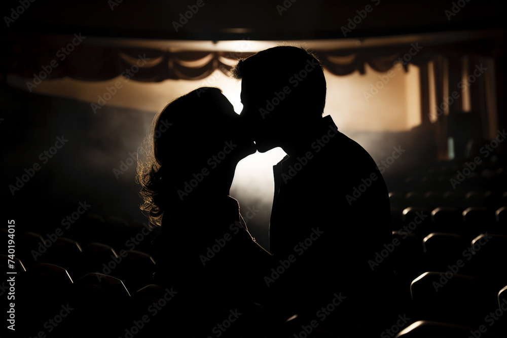 Φωτογραφία The moment of a kiss in the cinema  film about exciting love story generative AI
