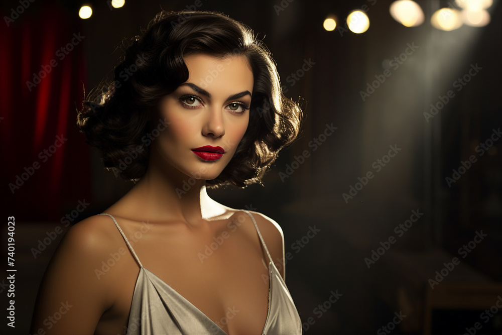 Model with a classic hollywood glamour look set in a studio resembling old movie sets made with generative AI Model with a classic hollywood glamour look set in a studio resembling old movie sets made with generative AI
