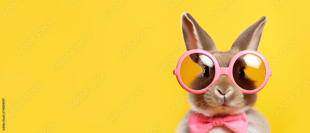 Fashionable Rabbit with Pink Sunglasses on Yellow banner
