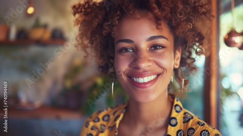 Close Up Portrait of a Beautiful Female Creative Specialist with Curly Hair Smiling. Young Successful Multiethnic Arab Woman Working in Art Studio. Dreaming About Better Life and Opportunities Ahead.