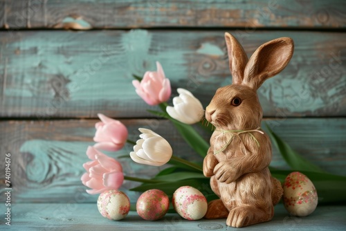 Happy Easter Eggs heartwarming. Bunny hopping in flower easter recipes decoration. Adorable hare 3d lagomorph rabbit illustration. Holy week powder blue card gerbera daisies photo