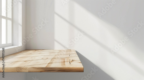 Empty wooden white table with white wall background