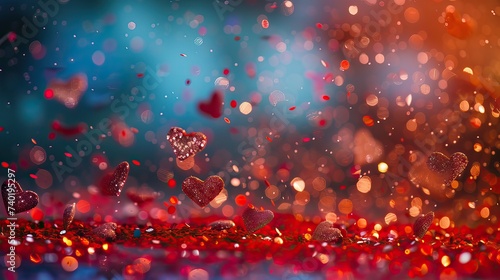 Love background with glittering hearts and bokeh effect.
