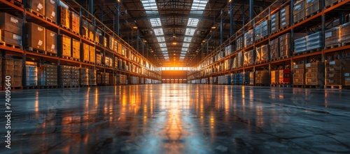 The expansive warehouse was filled with rows of shelves, the polished floor reflecting the bright lights that illuminated the space photo