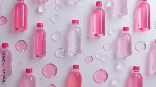 Collage of bottles with detergent on white background