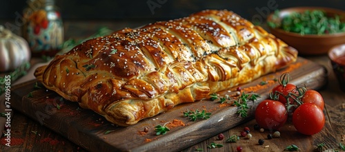 A savory loaf of bread, adorned with aromatic spices, rests on a rustic wooden board, inviting thoughts of comfort and warmth, alongside a platter of succulent chicken and other delicious fast food f photo