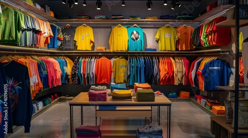 Color coordinated apparel displayed neatly in clothing store.